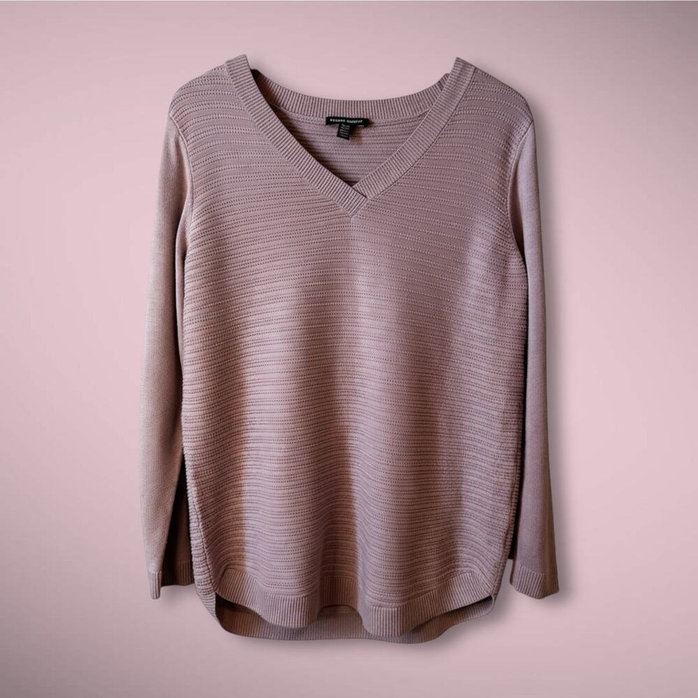 Hilary Radley Womens V Neck Textured Knit Sweater Light Pink Size Medium Casual